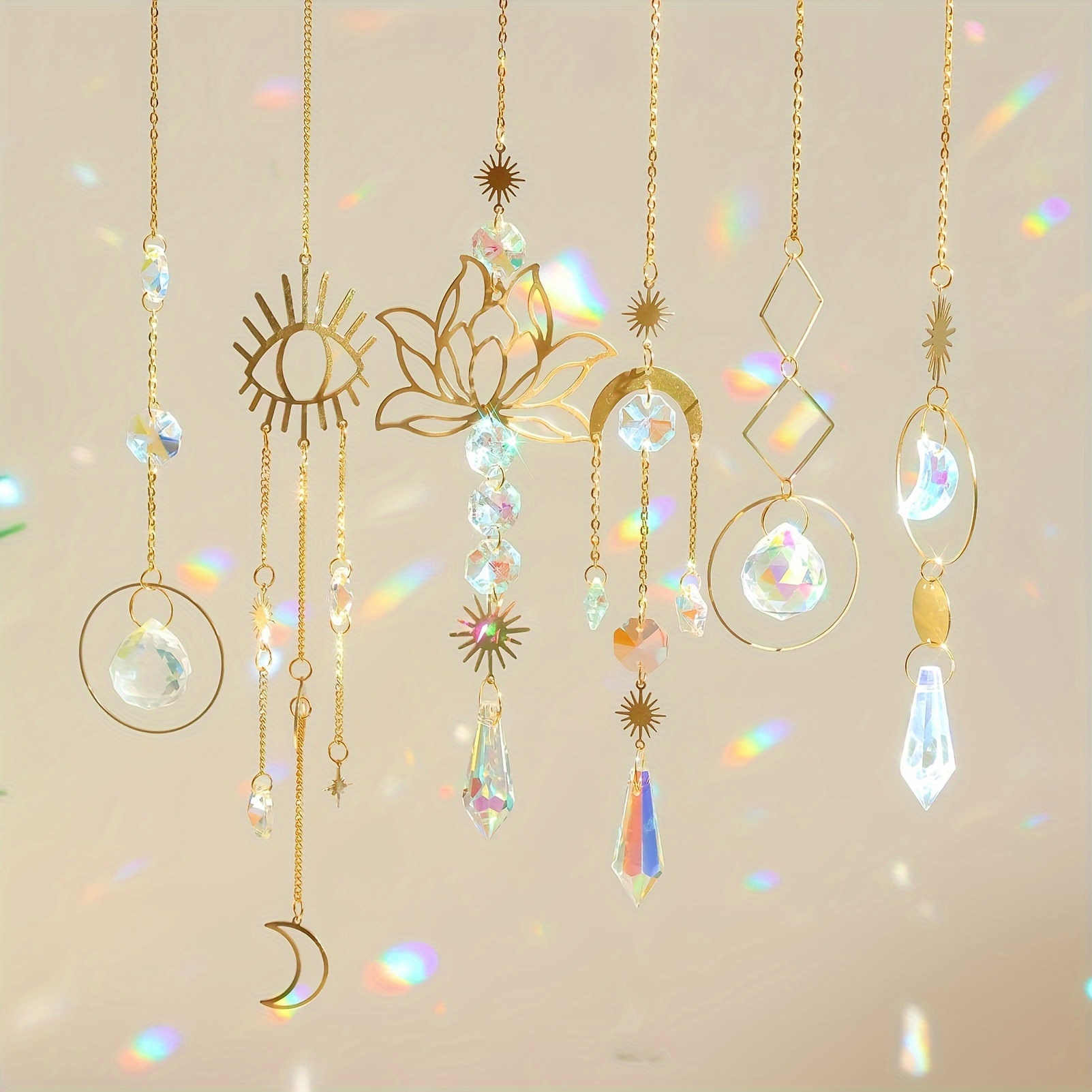 

6pcs, Crystal Suncatcher Ornament Set, Gold-tone Metal With K9 Crystal Prisms, Assorted Designs (sun, Moon, Lotus), 13-18 Inch Hanging Chains, Home & Garden Decor, Rainbow Maker