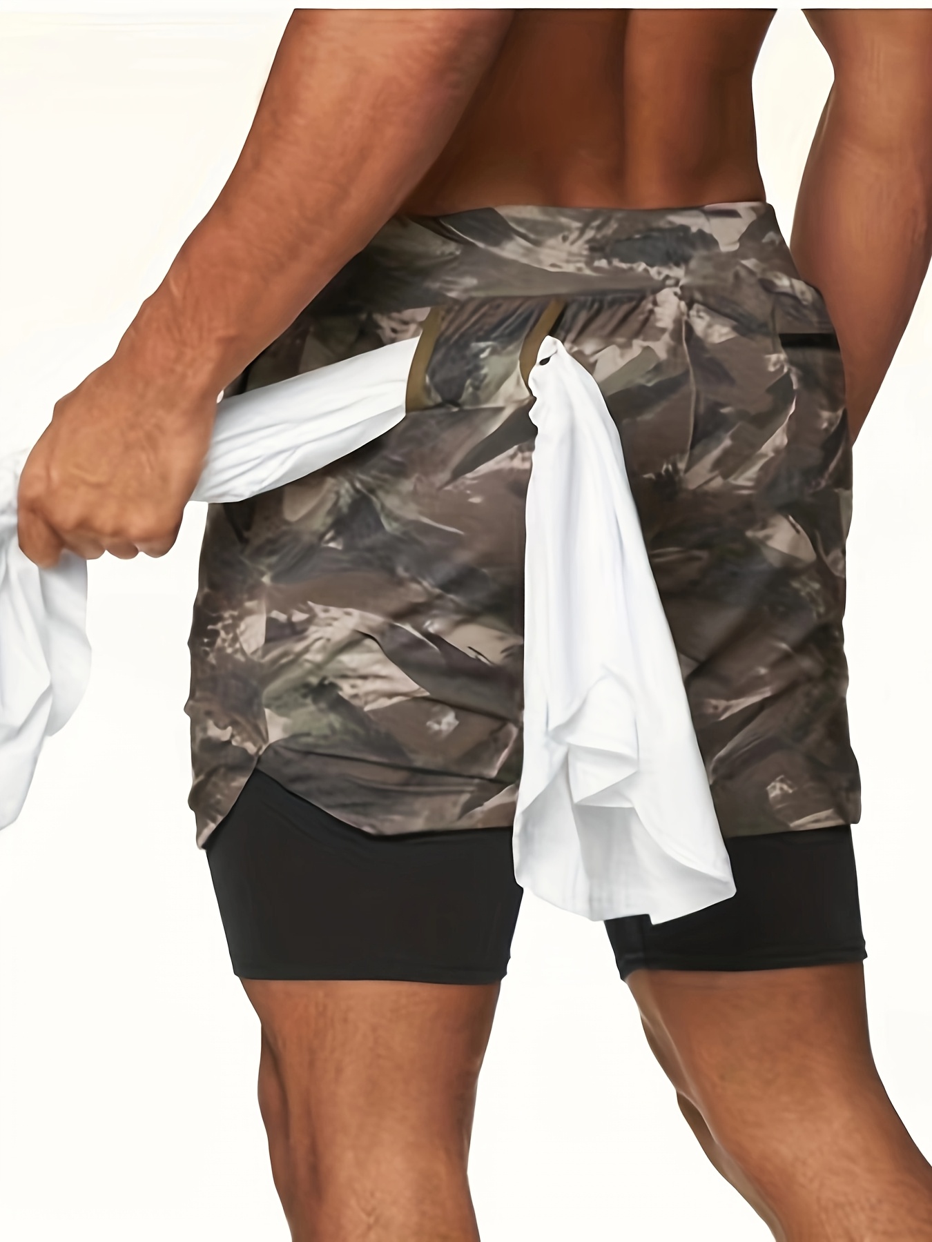 Men'S Morning Running, Gym Training, Sports, Multi Pocket Fake Two Piece Stretch Shorts with Drawstring, Casual Beach Pants Suitable for Spring, Summer, And Autumn Seasons
