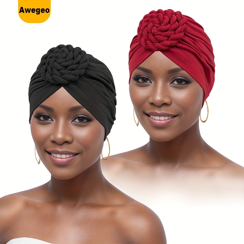 

2pcs Knotted Beanie Hat Hijab Hair Covers Stylish Solid Color Turban Hats Forehead Knotted Chemo Hats Elastic Chemo Hats Turbans For Women