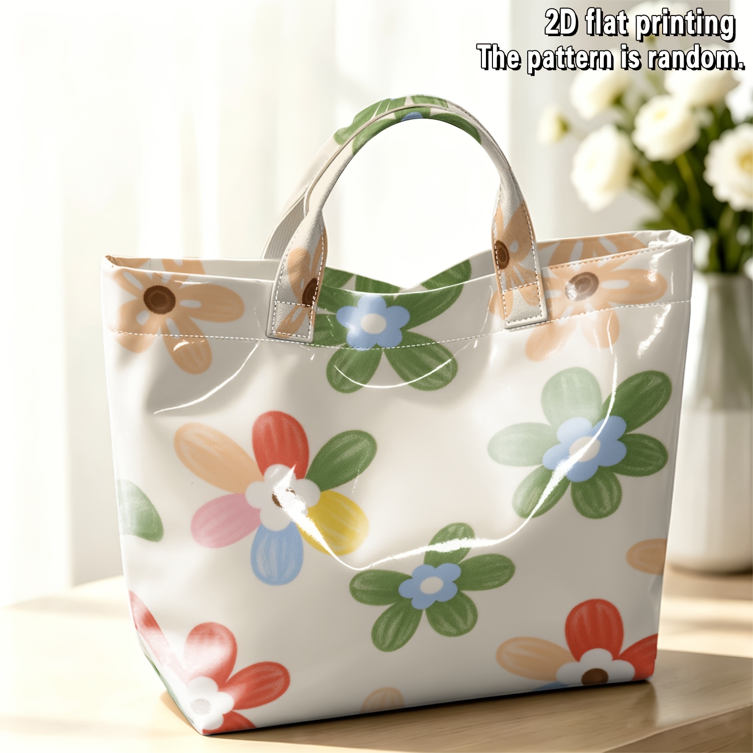 TEMU Sac en PVC pour femme avec un imprimé floral et petit en 2D plat | Cabas de grande , polyvalent et haut de gamme. Convient pour les loisirs