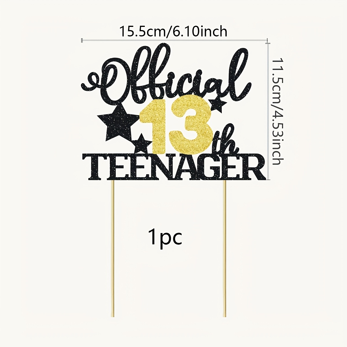 1pc Glitter Black & Golden "official 13th Teenager" Cake Topper | Happy Birthday Decorations | Teenager Theme Party Supplies | Bday 13 Years Old Celebration Gift