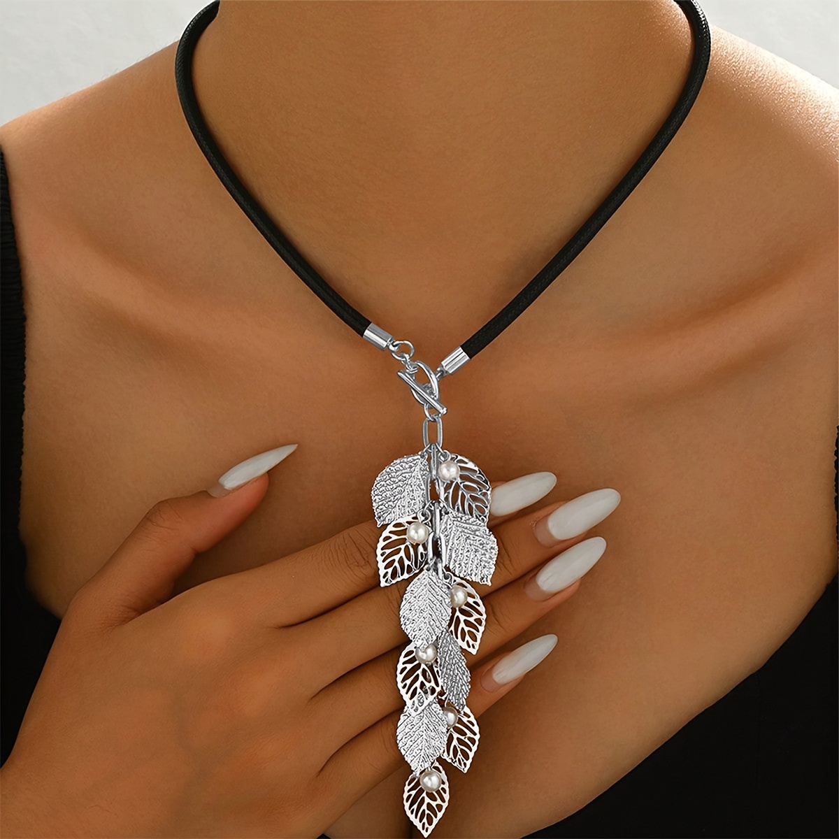 TEMU 1pc Lxalry Women's Y-shaped Necklace Vintage Leaf Pendant With Tassel & Cord - Y-shaped Chain Suitable For Sweaters, Blouses, Daily Wear,