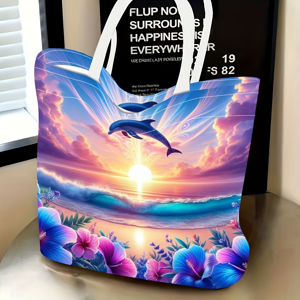 TEMU 1pc Women's Travel Tote Bag Printed With Ocean Beach And Colorful Stylish Portable Large Capacity Handbag