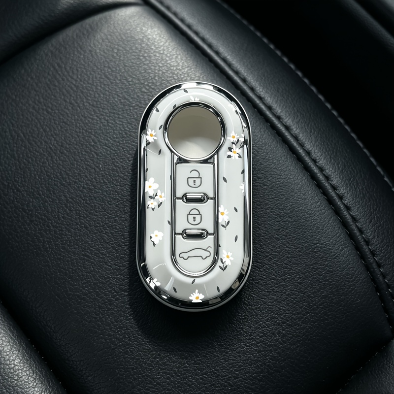 TEMU Floral 3-button For Fiat Car Key Fob Cover, Fits For Fiat 500, Panda, Palio, Punto, & More Models, Golden & Silver Electroplated Border, Black &