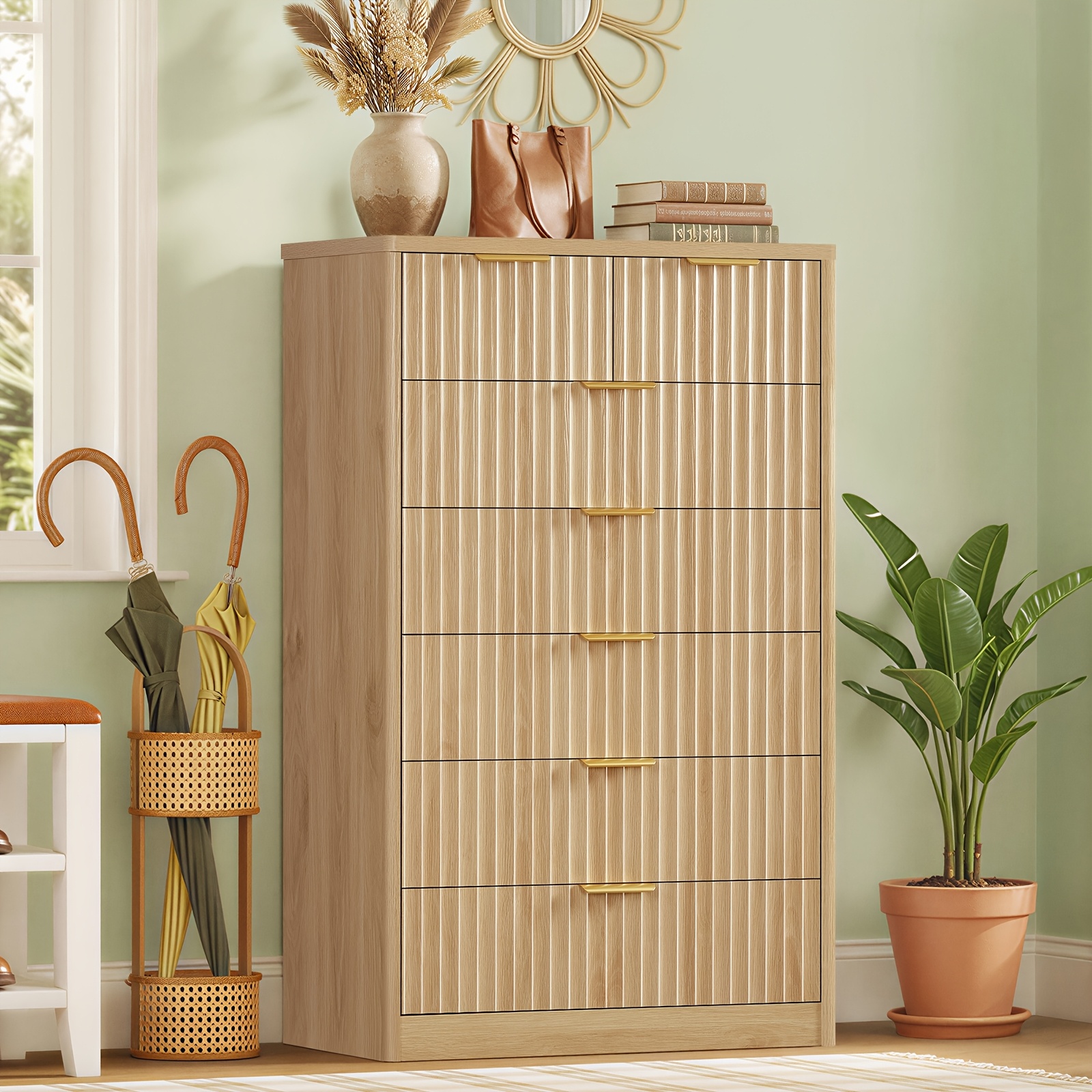 Image of Fluted 7-drawer Tall Dresser, Modern Vertical Wood Storage Chest With Golden Handles, Natural Oak Dresser For Bedroom