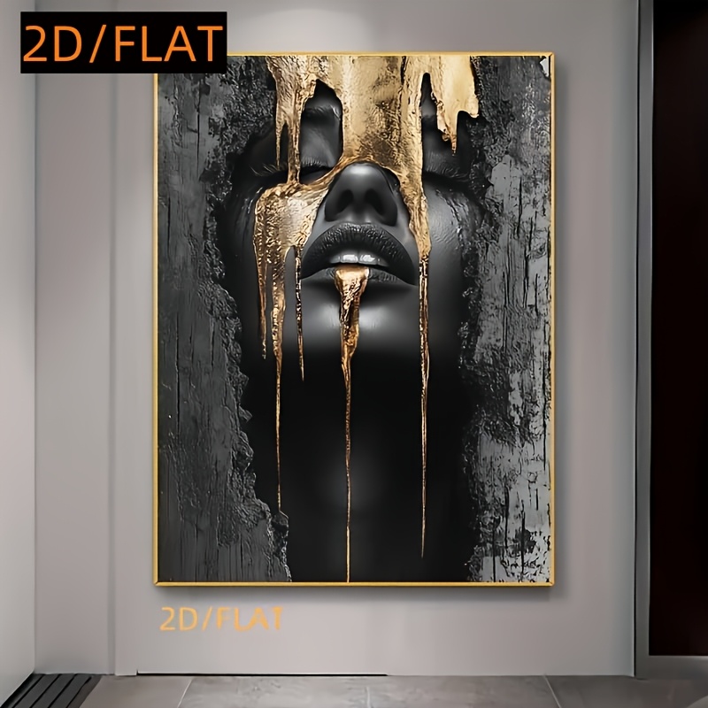 TEMU 2d Flat, 2d/flat Abstract Golden Liquid Flow Black Painting, 39.4x59.1 Inches (100x150cm) Frameless Canvas Wall Decor, Large-sized Print For