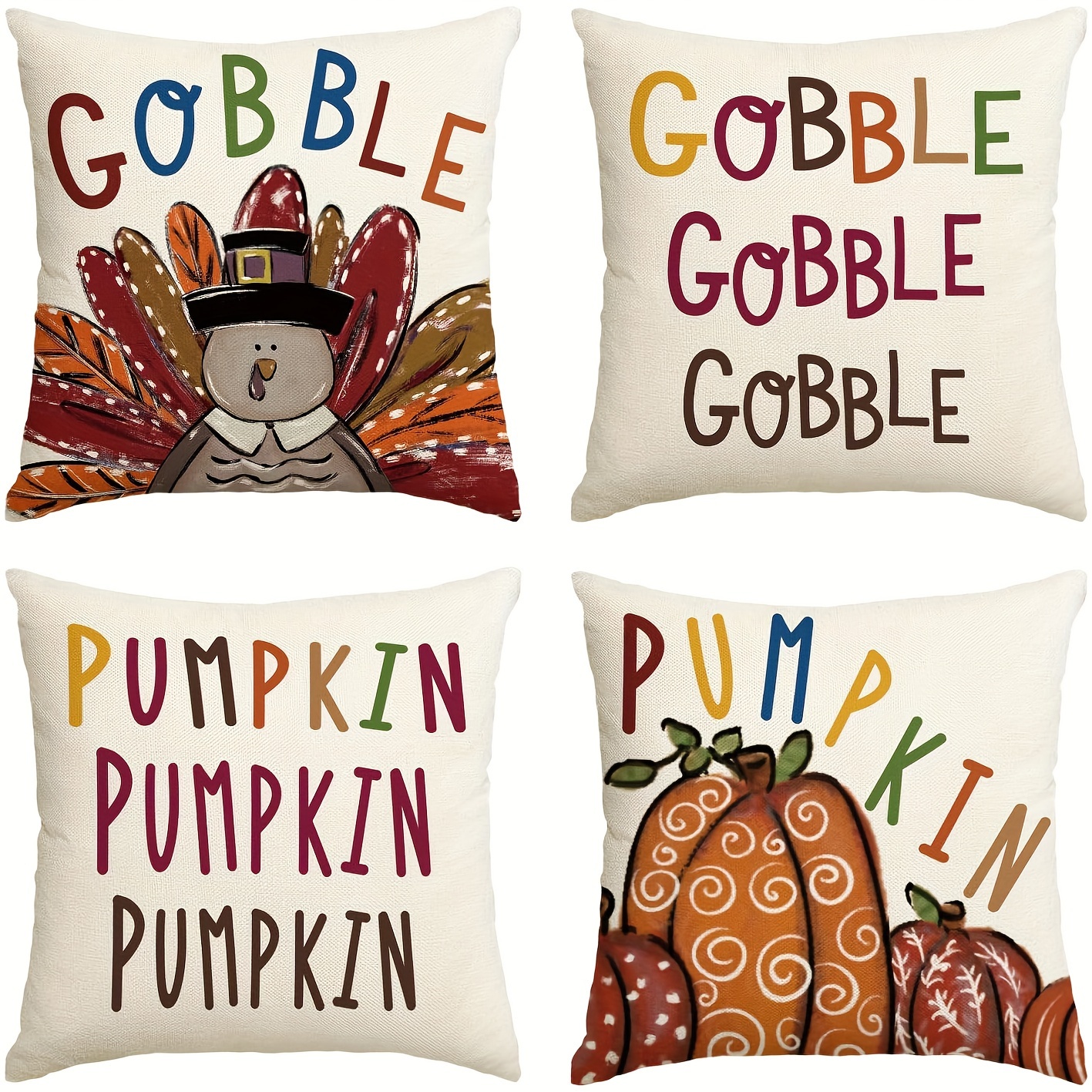 

Contemporary Polyester Throw Pillow Covers Set Of 4, Thanksgiving Theme With Turkey And Pumpkin Designs, Zipper Closure, Machine Washable, Decorative 18x18 Inch Cushion Cases For Various Rooms