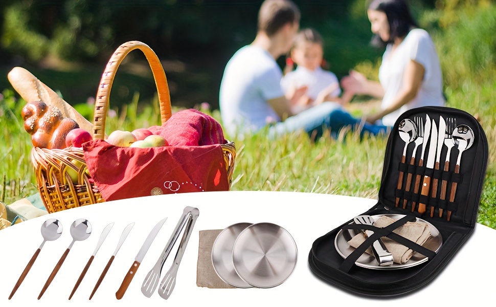 new wood grain handle tableware mess kit cutlery for 2 dinnerware set 12pcs stainless steel utensils set with plate spoon fork serrated knife cloth napkins for 2 backpacking outdoor hiking picnic Product details 1