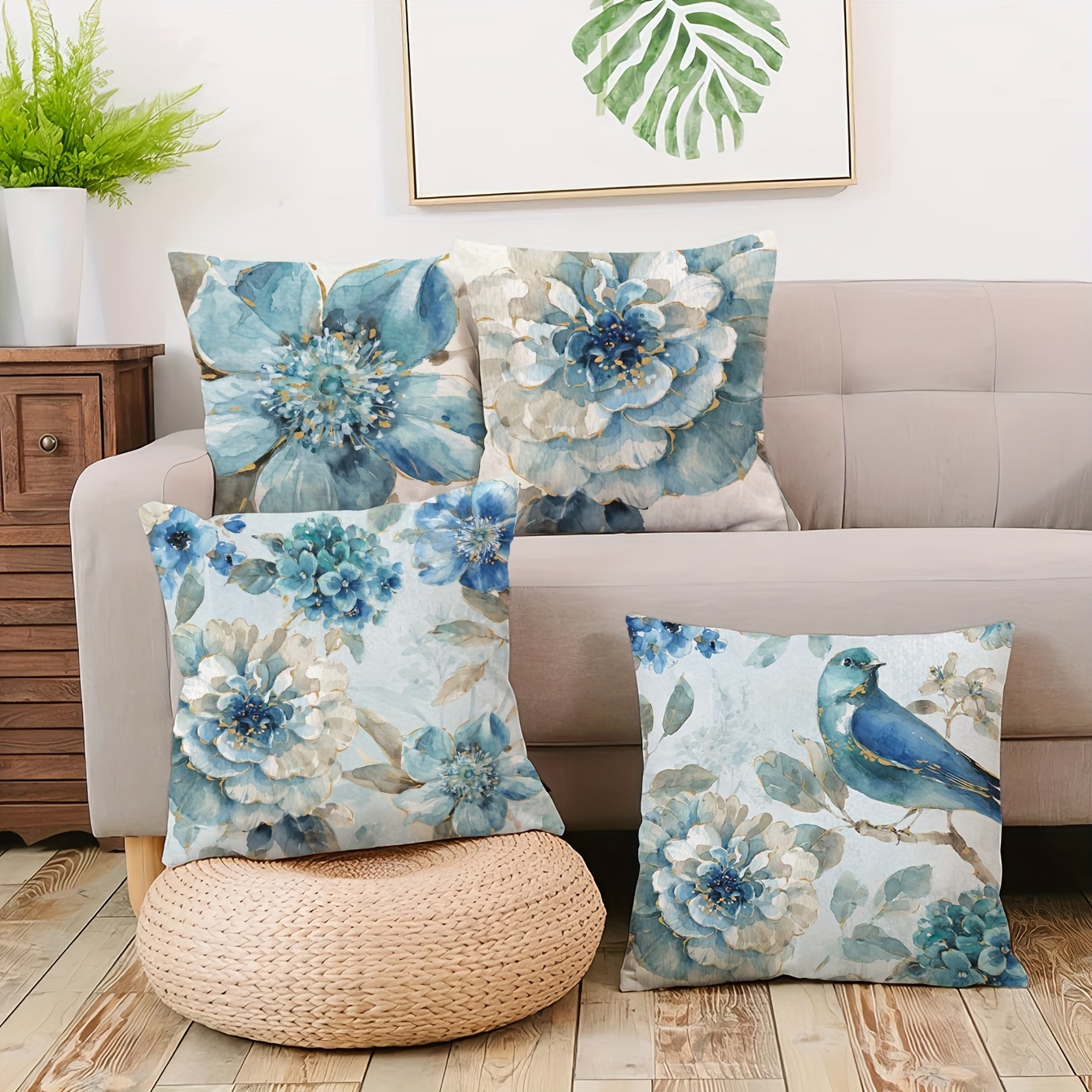 

4-pack 18x18 Inch Floral Design Soft Short Plush Pillow Covers, Contemporary Style Blue Watercolor Flowers, Single-sided Print, Decorative Cushion Covers For Sofa And Car - No Insert