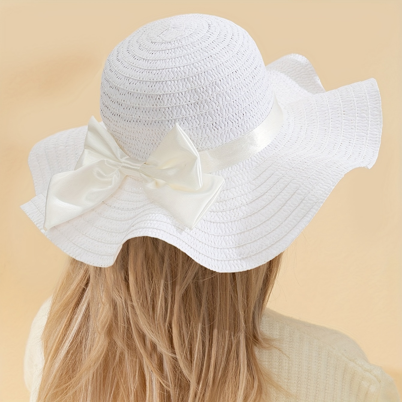 

Women's Bow Decor Fashion Wave Shape Sunshade Straw Hat, Suitable For Outdoor Trips, Seaside Beach Vacation, Wedding Season Dressing, Summer Sunshade Gift