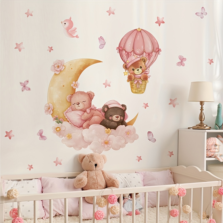 1 Adorable Bear With A Crescent, Pink Butterflies, And Stars Wall Art Sticker, Perfect For Decorating Bedrooms, Living Rooms, , And . A For Home Decor