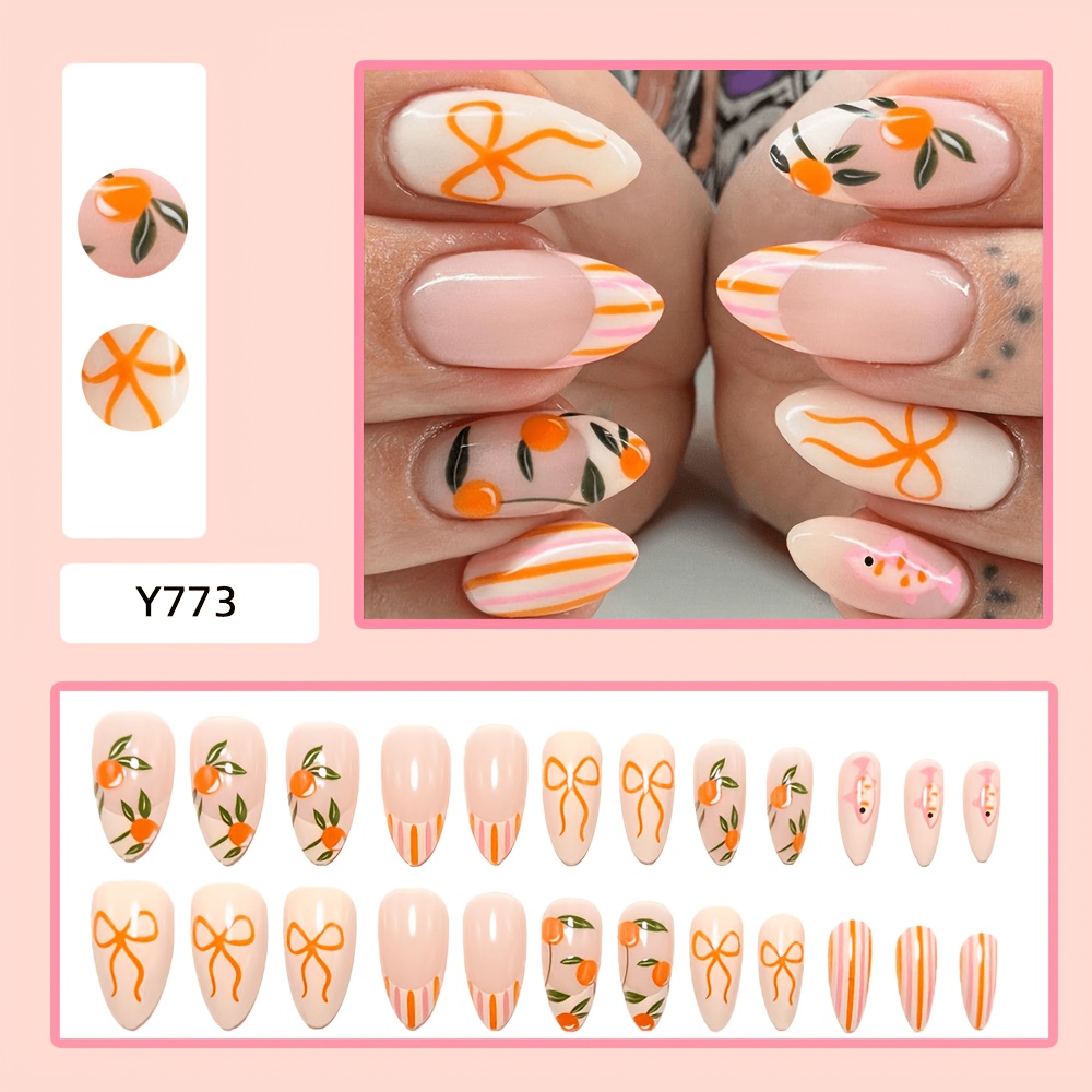 TEMU 24pcs Of Almond-shaped Wearable Jewelry. Sweet -style Manicure. Fish Hand-painted Wearable Jewelry Fake Nails. Wearable Design Fake Nails.