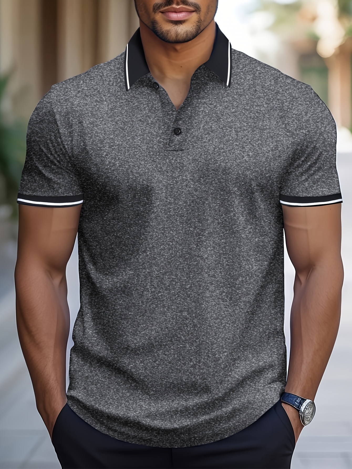 mens short sleeve shirt summer casual sports top solid color knit fabric regular fit with lapel collar and button detail grey 0