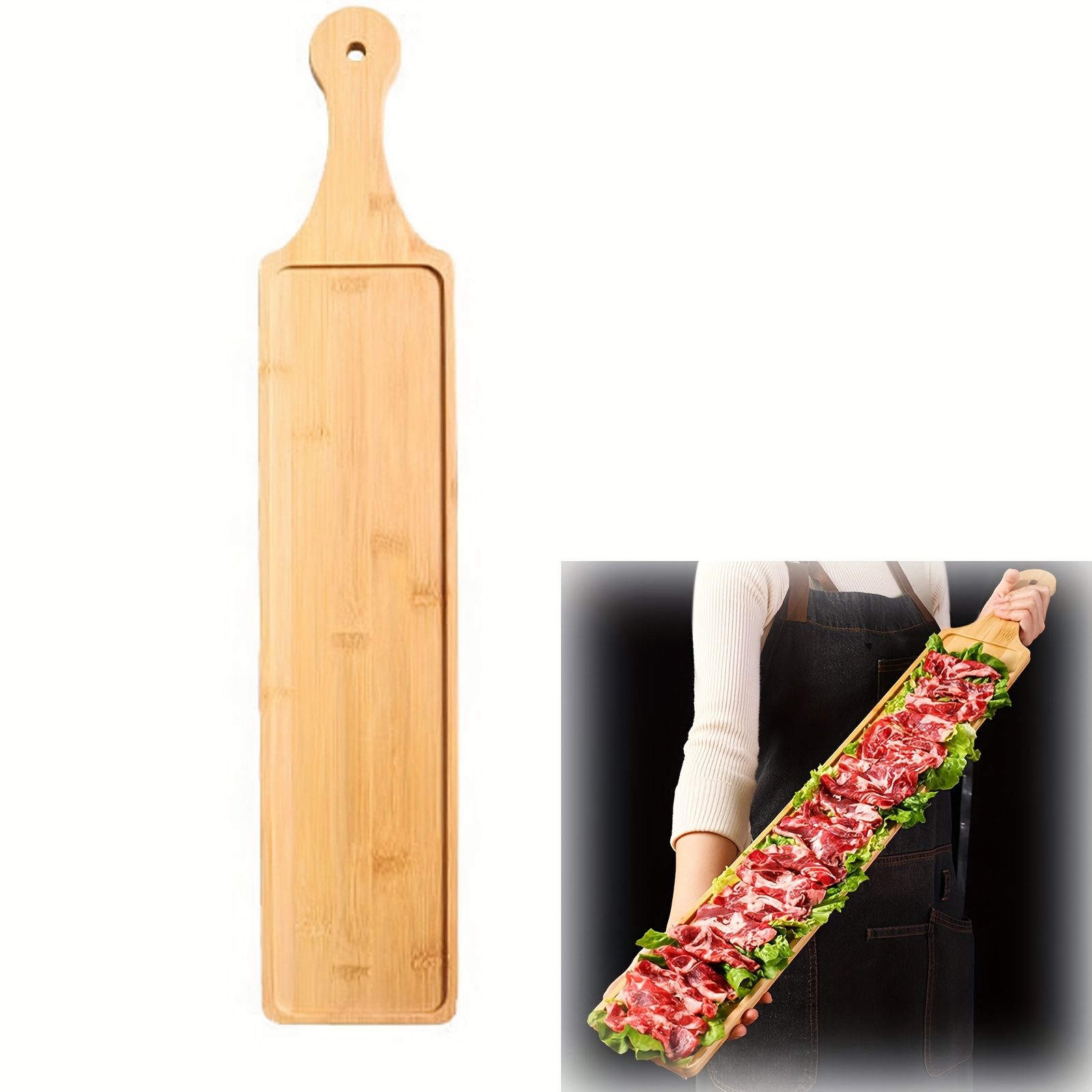 

Plateau de service en bois - Plateau rectangulaire long pour fondue, steak, apéritifs - Vaisselle pour , utilisation au restaurant - Planche de présentation en bois naturel