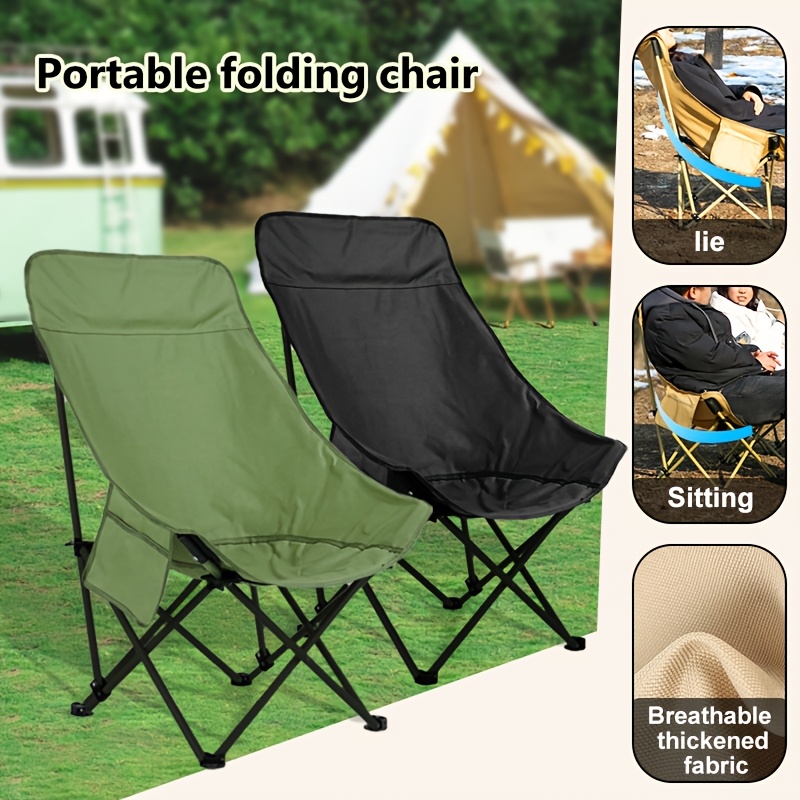 1pc portable folding moon chair high back durable fabric multifunctional lounge chair for outdoor relaxation camping and beach fishing comfortable recliner in black and green models details 4