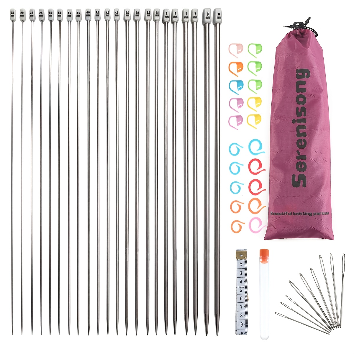 Image of Set, 22pcs 2mm(b)-8mm(l) Straight Single Pointed Stainless Steel Sweater Needles Set(11pair-11 Size, 9.8 Inch) With Locking Makers Large-eye Needles Measure Tape (35cm)