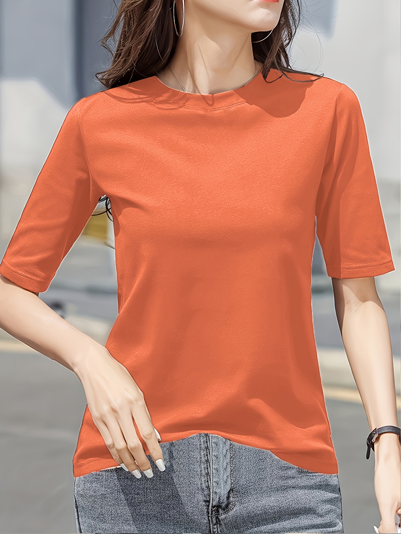 Women'S Elegant Solid Color Crew Neck T-Shirt, Short Sleeve Casual Summer Top, Lightweight Polyester Fabric, Regular Length, No Stretch, for Casual Attire