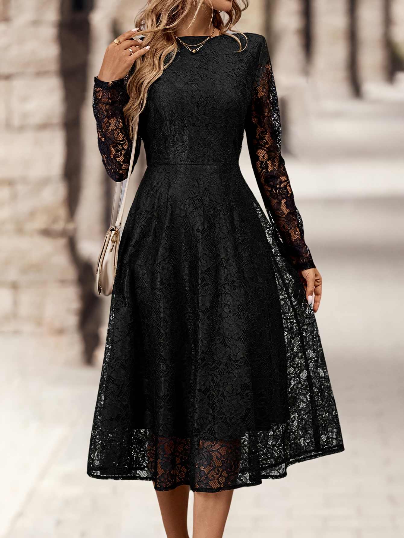 Directional Style DP122409, Solid Elegant Round Neck A-Line Lace Long  Sleeve Dress