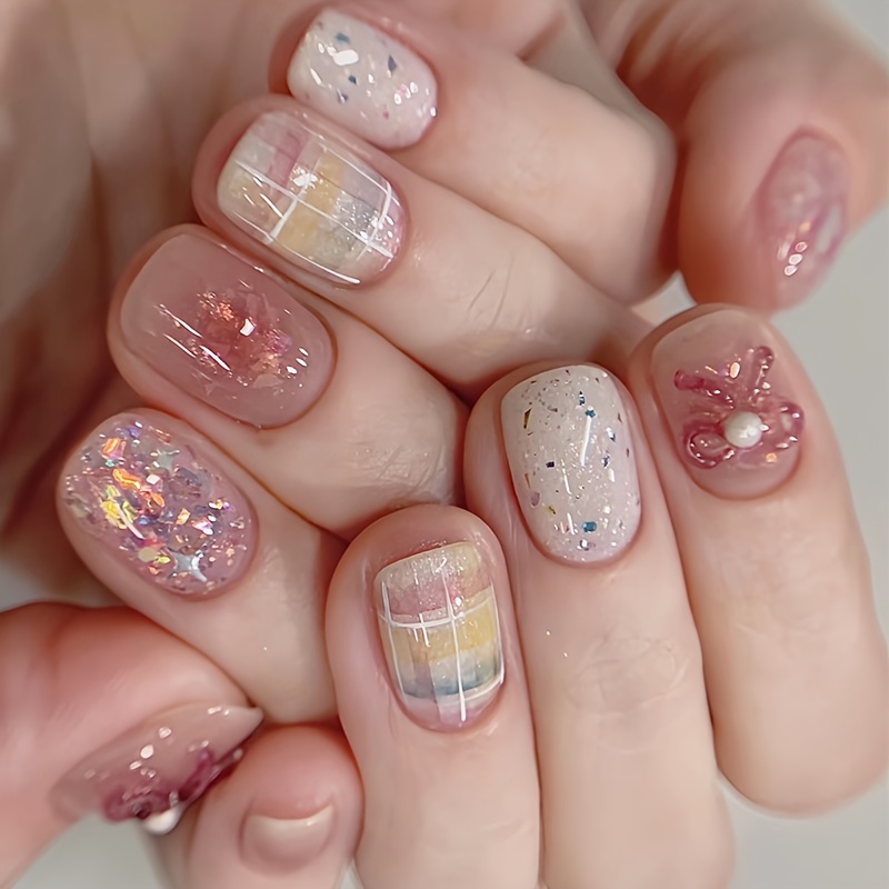 TEMU 24pcs Of Short Square Fake Nails, Flashing Bowknot Atmosphere Ins All-match Wearing Nail Design, Bright Detachable Fake Nails
