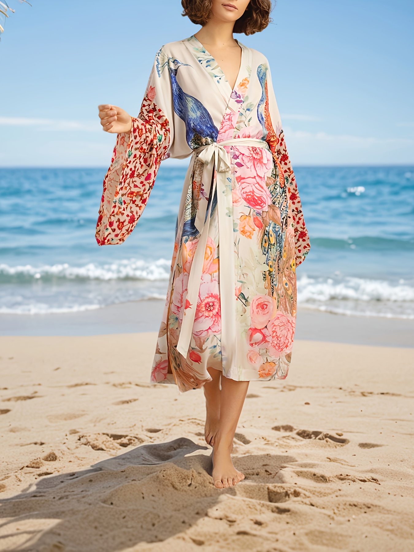Women'S Printed Beach Cover-Up with Peacock Pattern, Featuring a Belted  Design For, Long Cardigan Style for Vacation