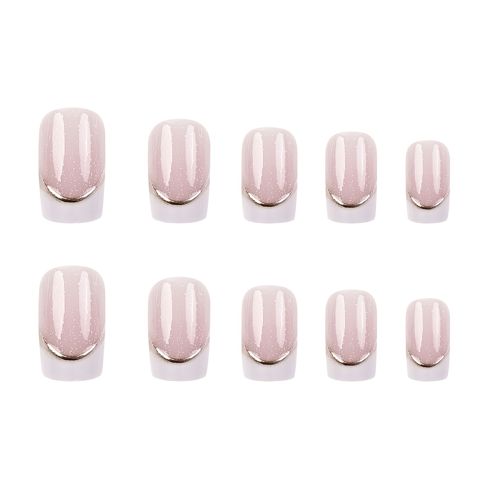 TEMU 24pcs Medium Square Press-on Nails Glossy Glitter Nails Nude System With Arc Line Detailing, Milky French Tips, Artificial Reusable False Nails
