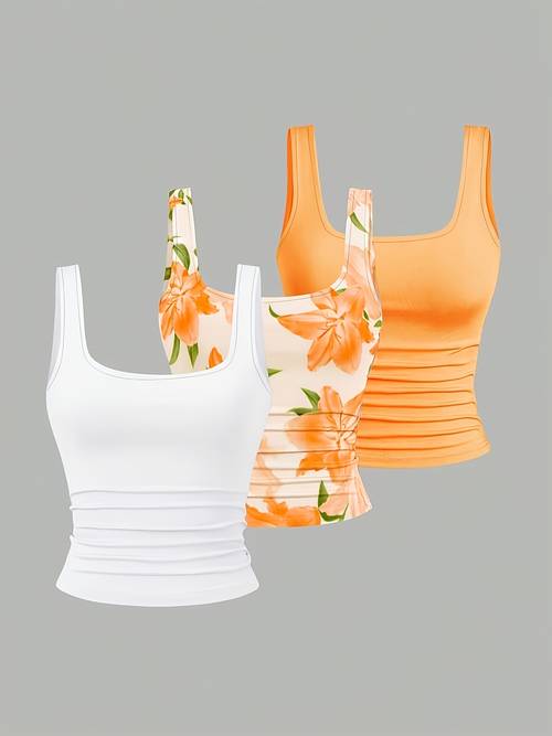 3pcs set womens casual square neck pleated camisole tank style loungewear top