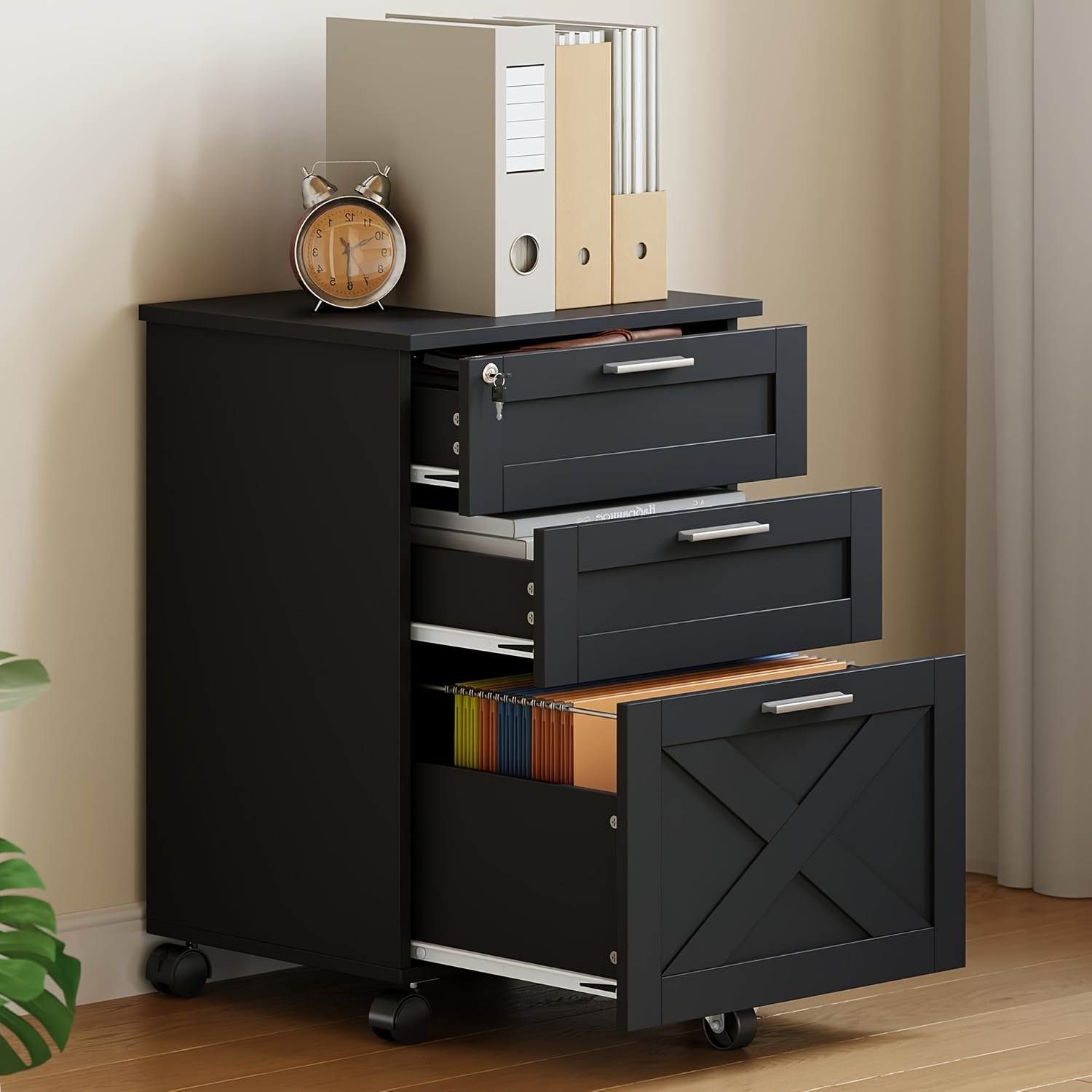 Image of 3-drawer File Cabinet With Lock, Mobile Under Desk Filing Cabinet For Home Office, Wood Storage Organizer For Letter/a4/legal Size Documents, Black