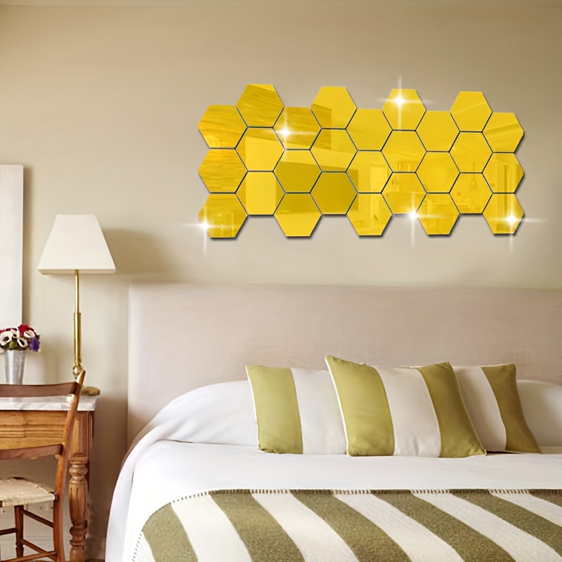 TEMU 72pcs Hexagon Mirror Wall Stickers Set - Diy Acrylic Self-adhesive Decorative Tiles For Living Room, Bedroom, Bathroom - Easy To Install & Clean