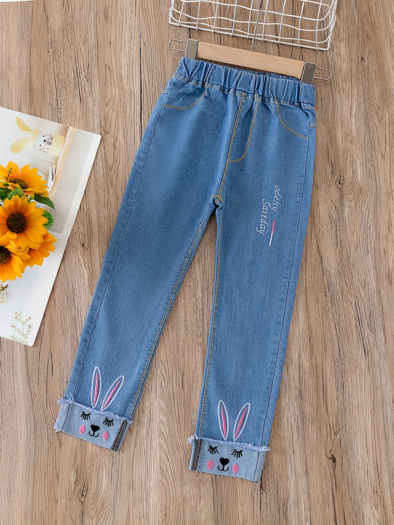 Girls Fashion Jeans Cute Rabbit Embroidered Kids Denim - Temu