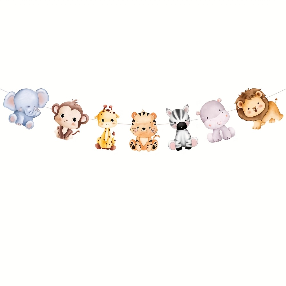Image of 7 Jungle Animal Themed Party Bunting Decorations For Garden Or Room Wall Backgrounds Featuring Elephants, , Monkeys, Giraffes, , And Tigers