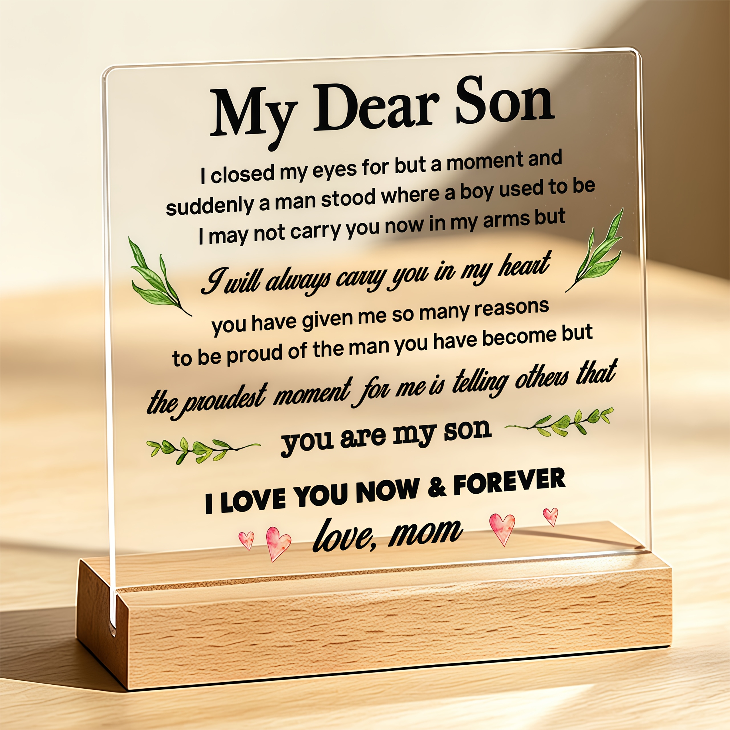 TEMU 2d Flat, Acrylic Desk Plaque Sign With Solid Wood Stand, Desktop Table Decor Keepsake, Thoughtful Gift From Mom For Man Home Office Tabletop
