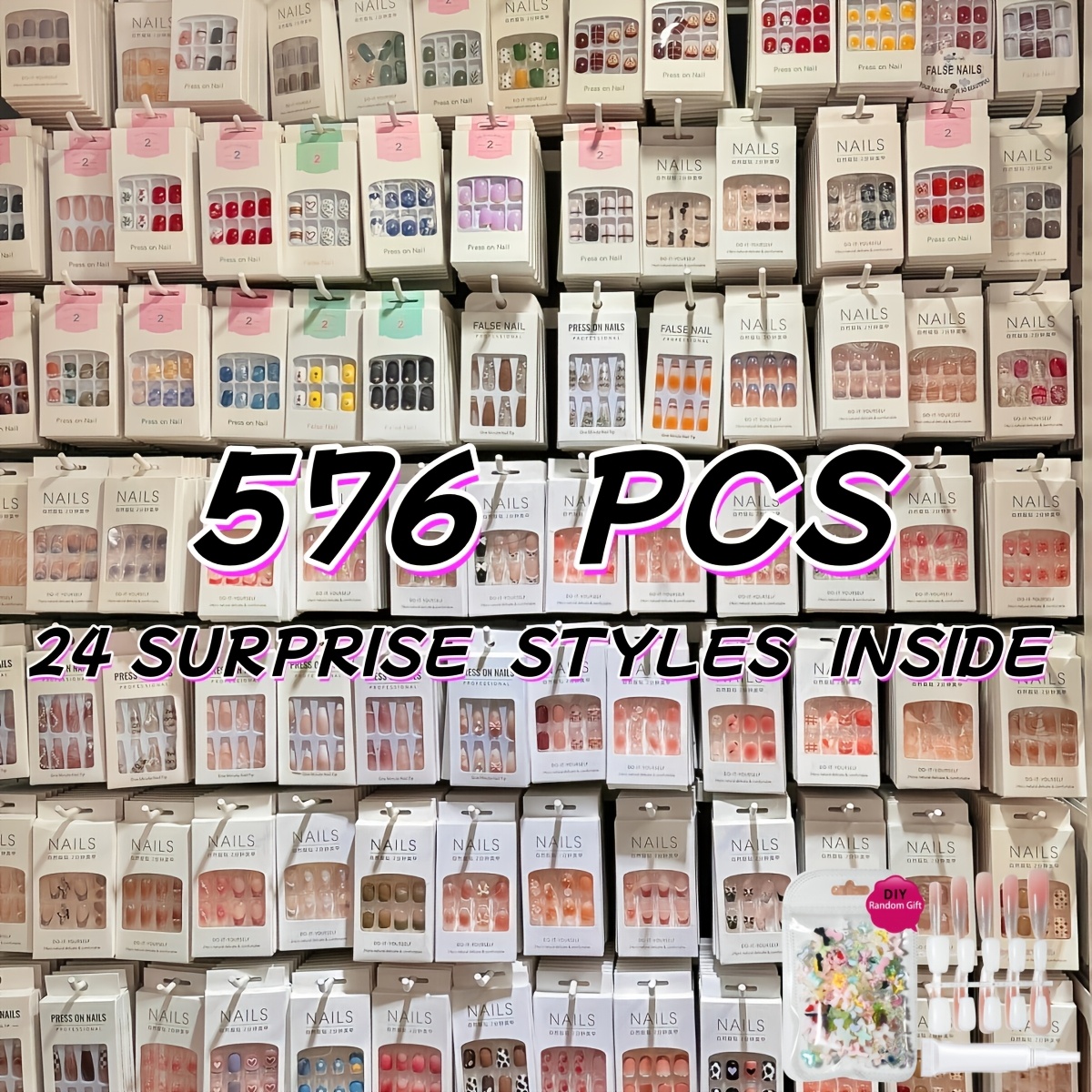 576pcs 24 Styles Random Fake Nails Pack, Of Trendy Cute Patterns, Surprise Nail Kit For Students Gift, Back To School Home Diy Manicure Date Party Gift, Random Small Gift Included