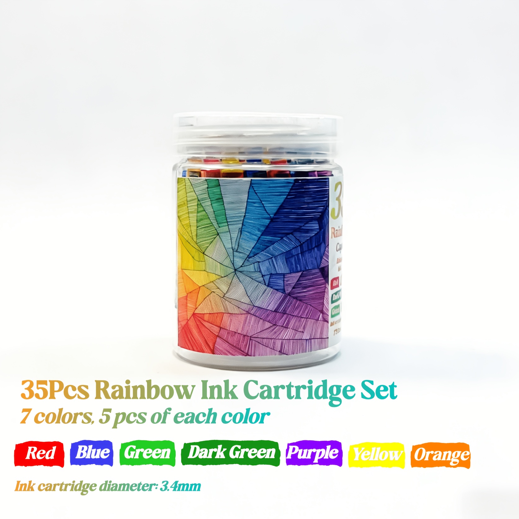 Image of 7-color Rainbow Ink Cartridge Set Of 35 (5pcs Per Color). Smooth Writing, . Ink Cartridge Diameter: 3.5mm. Suitable For Students, Office Workers, And Everyday Fountain Pen Writing.