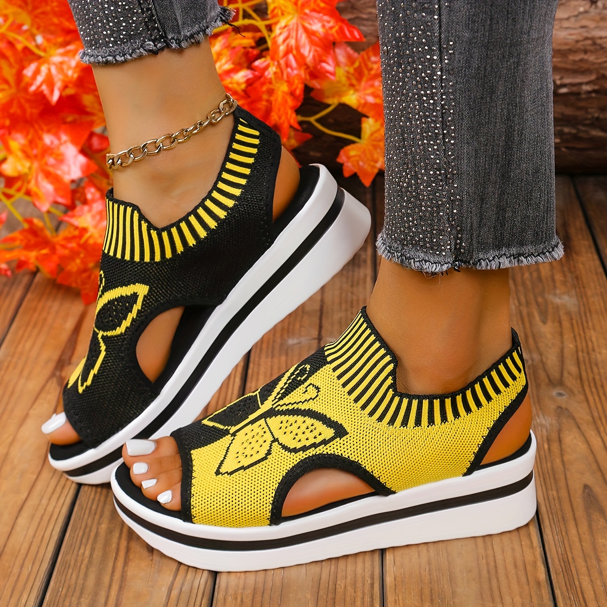 Women's Contrast Color Casual Sandals, Platform Slip On Knitted Walking Shoes, Butterfly Wedge Vacation Shoes
