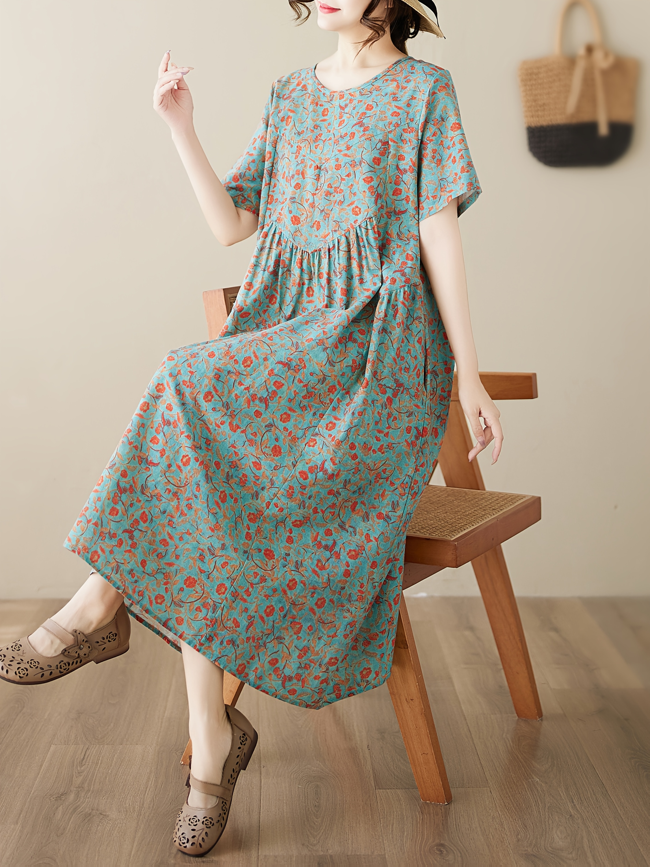 Women's Vintage Floral Print Linen A-Line Dress Loose Fit Beach Dress  with Pockets, Short Sleeve Round Neck Long Length for Spring Summer Fall  Casua