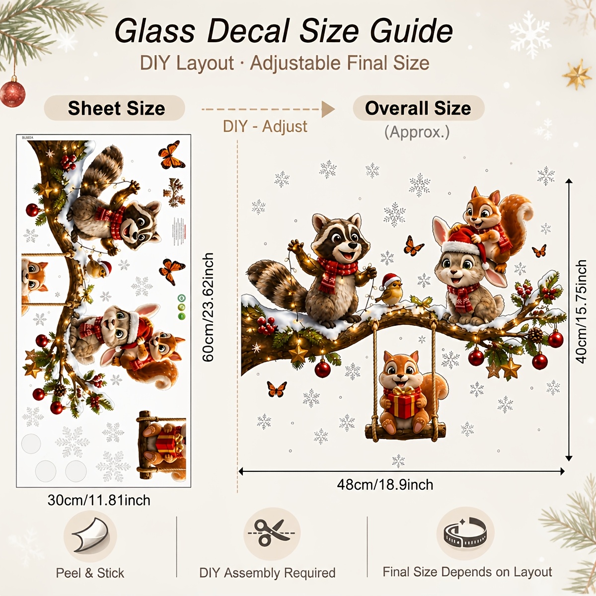TEMU 1pc 2d Flat Christmas Forest Animals Window Cling: Raccoon, Squirrel, Rabbit, Birds On Snow Branch, With Decorative Balls, Stars, Snowflakes,