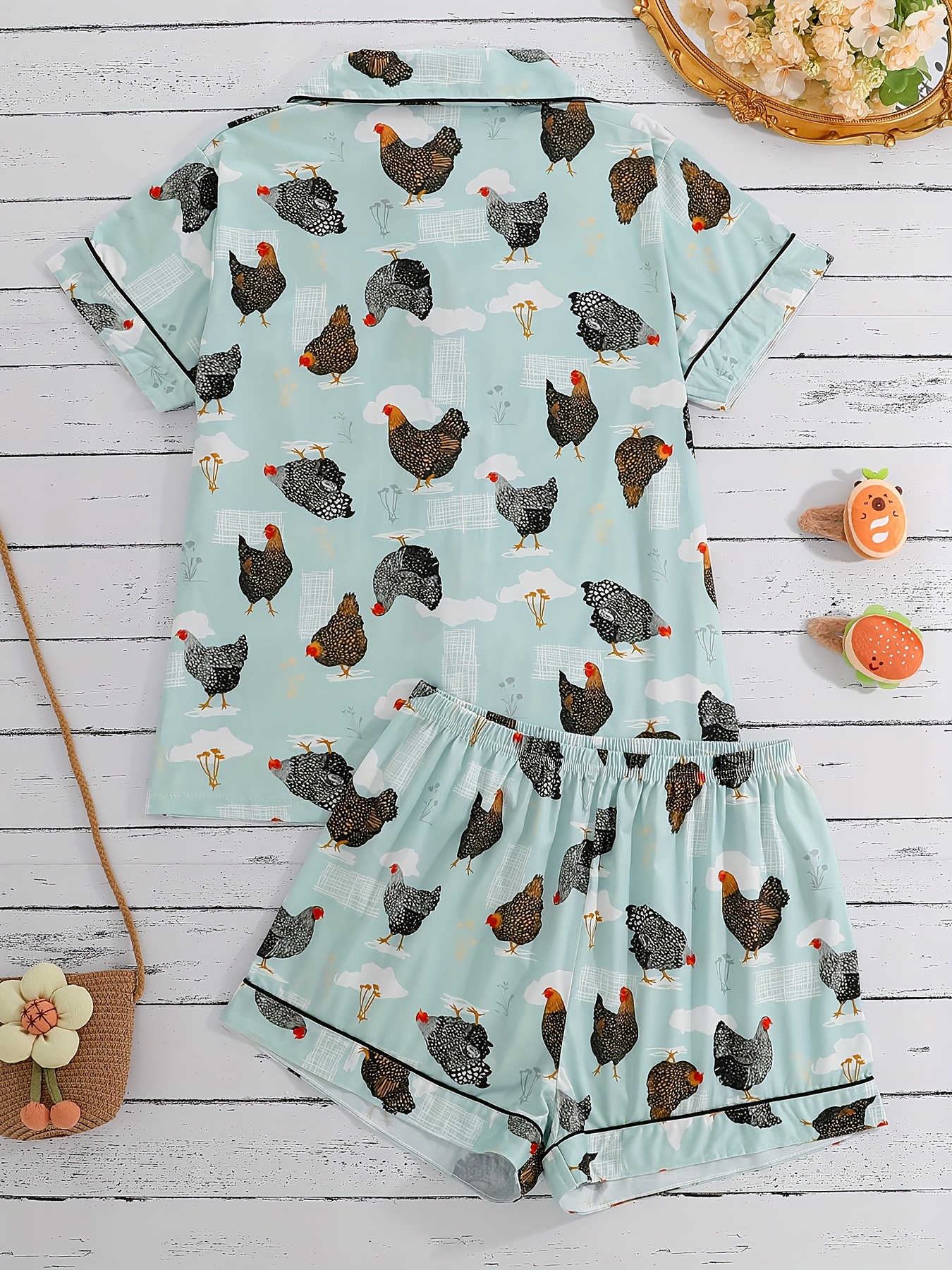 womens 2pcs chicken print pajama set short sleeve shirt with turn buttons and elastic shorts casual outdoor home comfortable girlfriend loungewear suitable for summer   Product details 1