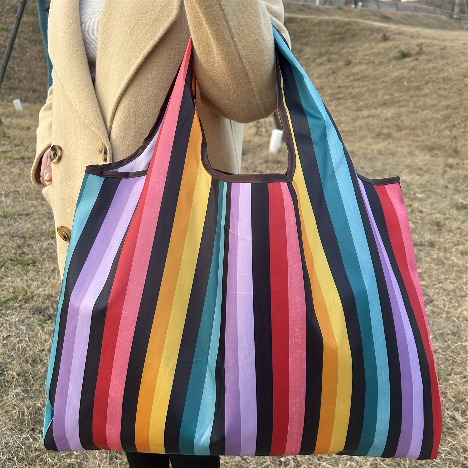 

Large Capacity Striped Nylon Tote Bag - Lightweight, Foldable & High- Bag With Handles For Daily