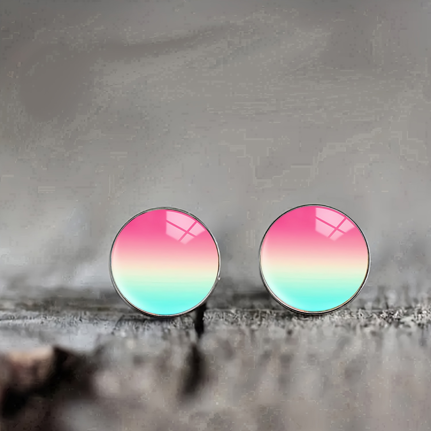 Image of 1 Pair Of Mood Stainless Steel Stud Earrings, Elegant Men's And Women's Fashionable Convex Glass Studs For Banquets