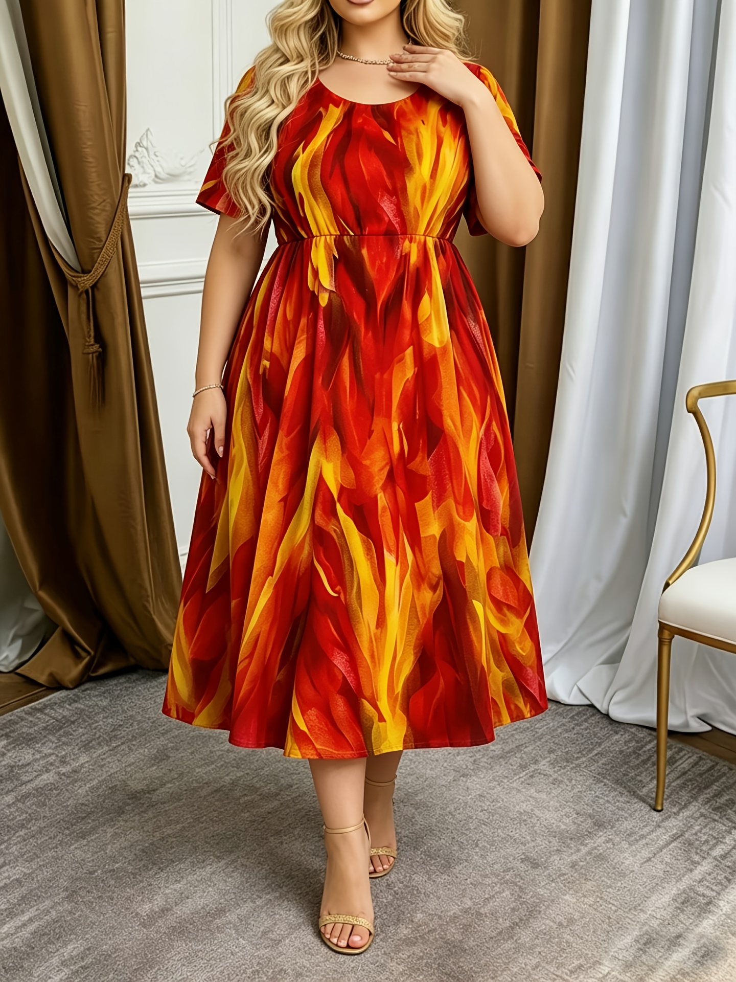 midi formal dresses ZESICA Velvet L Neck Smocked Ruffle A Line Flowy Midi Dress – zesica main image 1