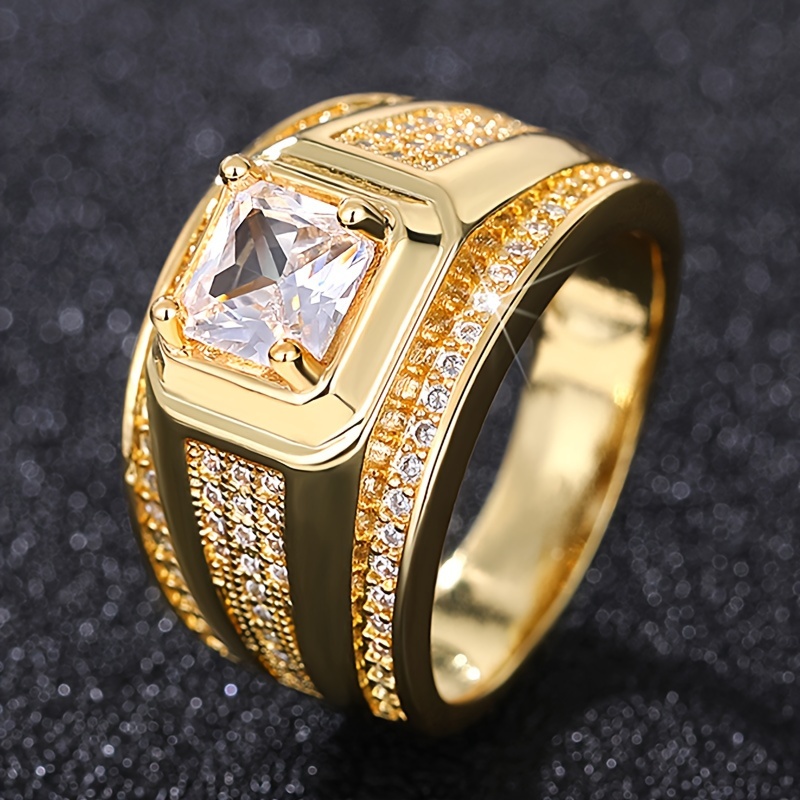 

Stylish Men's Golden-tone Ring With Square Cubic Zirconia - Business & Fashion Accessory, Casual Attire