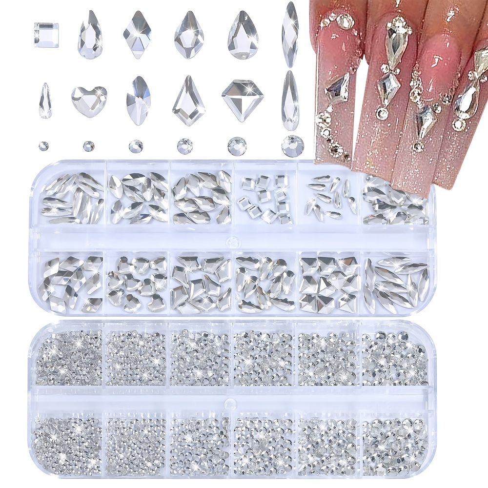 TEMU 2- 3d Multi-shape Sizes, 1500pcs Transparent Nail Charms Glass Flatback Rhinestones And 120pcs White Irregular Rhinestones, Sparkling Heart Drop
