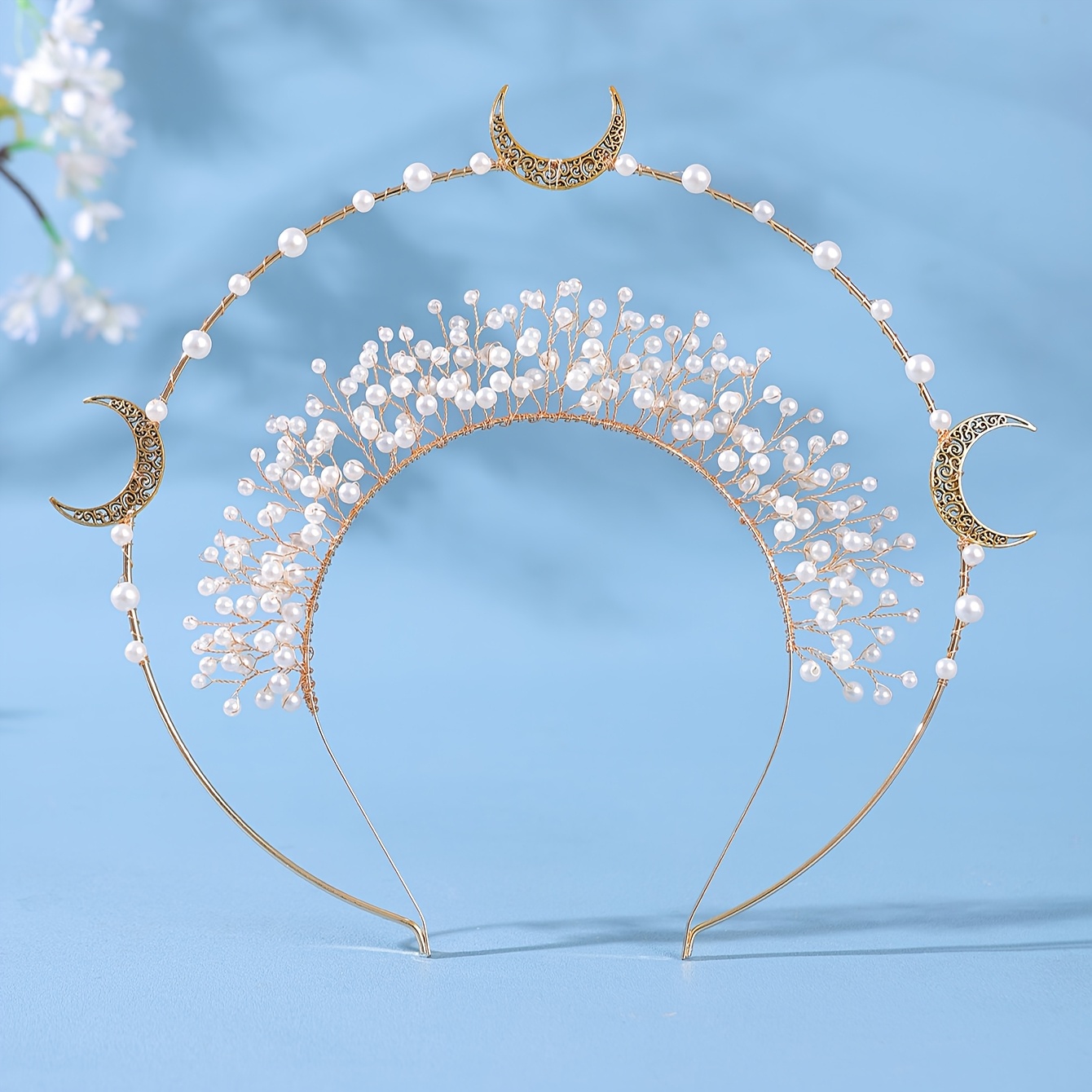 

1pc Baroque Style Handcrafted Pearl Headband, Crescent Double Hair Accessory For Brides, Wedding Bridal Hair Decor, Pearl Theme