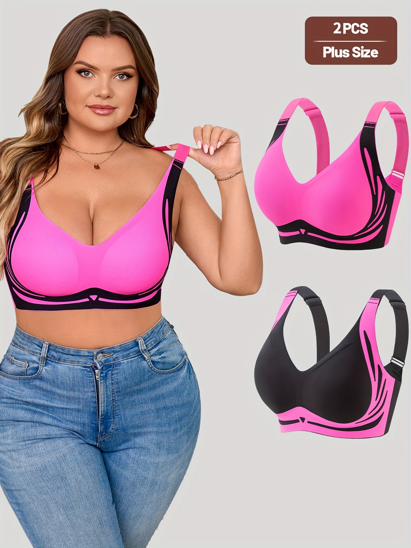 2pcs Plus Size Sexy Wireless Contrast Color   Bras, Plus Size Wireless Bras, Front Fastening Bras For Women Plus Size, Bras For Women Plus Size Underwire, Front Opening Plus Size Bras For Women, Plus Size Bras For Women Extra Support, Padded Bras For Women, Plus Size Underwire Lightly Padded Bra, Bras With Underwire, Underwire Bra Plus Size, Women Plus Size Bra