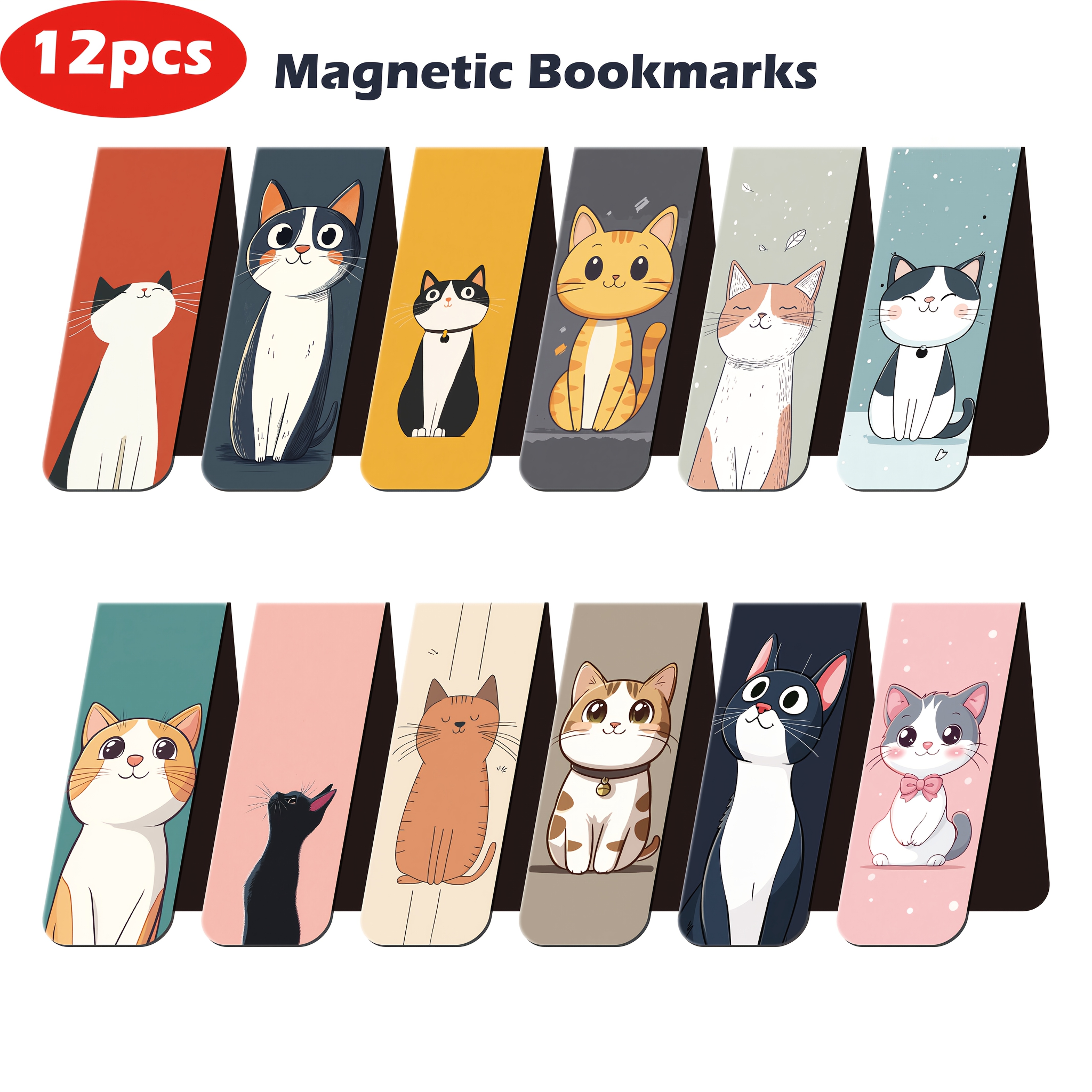 

12pcs Feline Magnetic Bookmarks - Assorted Cat Designs, Paper Material, Ideal For Readers, Students, Teachers, And Party Gifts