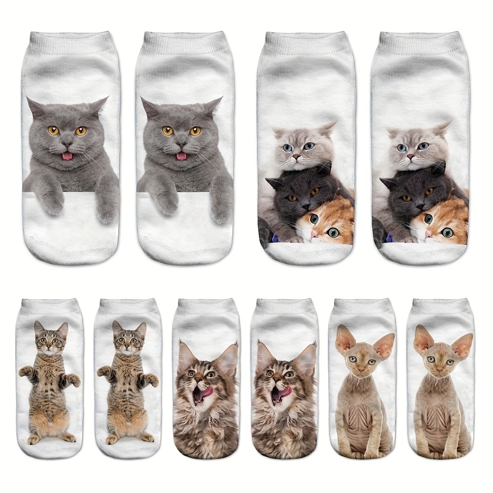 

5 Pairs 3d Cat Print Short Socks Set, Breathable Comfortable Anti-odor Moisture-wicking, Polyester And Spandex Blend, Unisex Knitted Fabric Ankle Socks For Couples