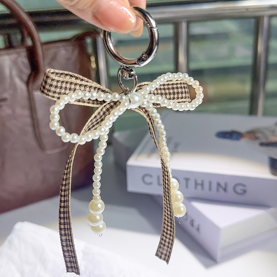 TEMU Llavero de Perlas con de Cinta Marrón a Cuadros Estilo Coreano, Bolso de Cinta de Encaje , Regalo para de San Valentín y de la