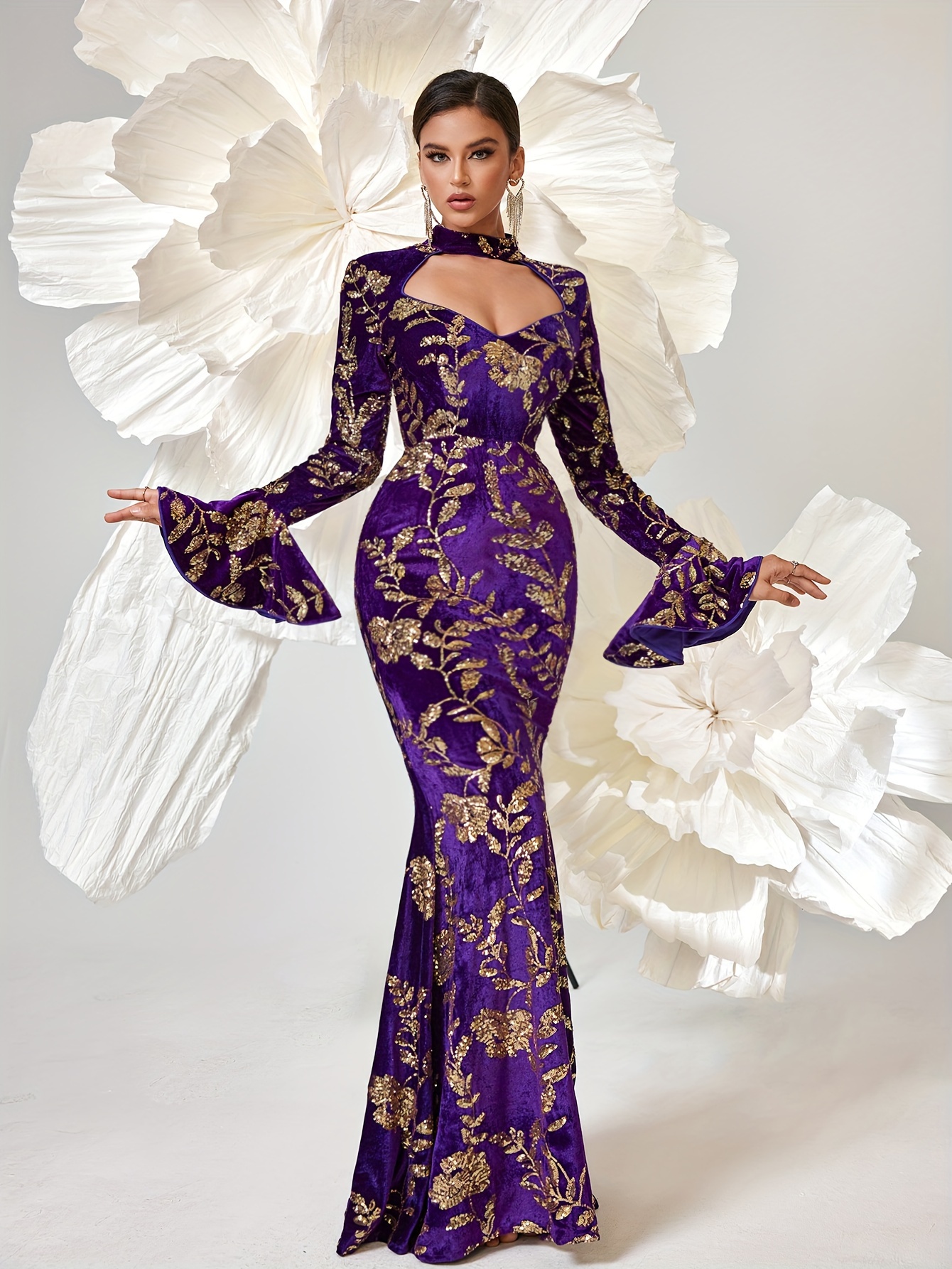 Sequin Purple Long Sleeve Bodycon Dress Sequin Long Sleeve Plunge