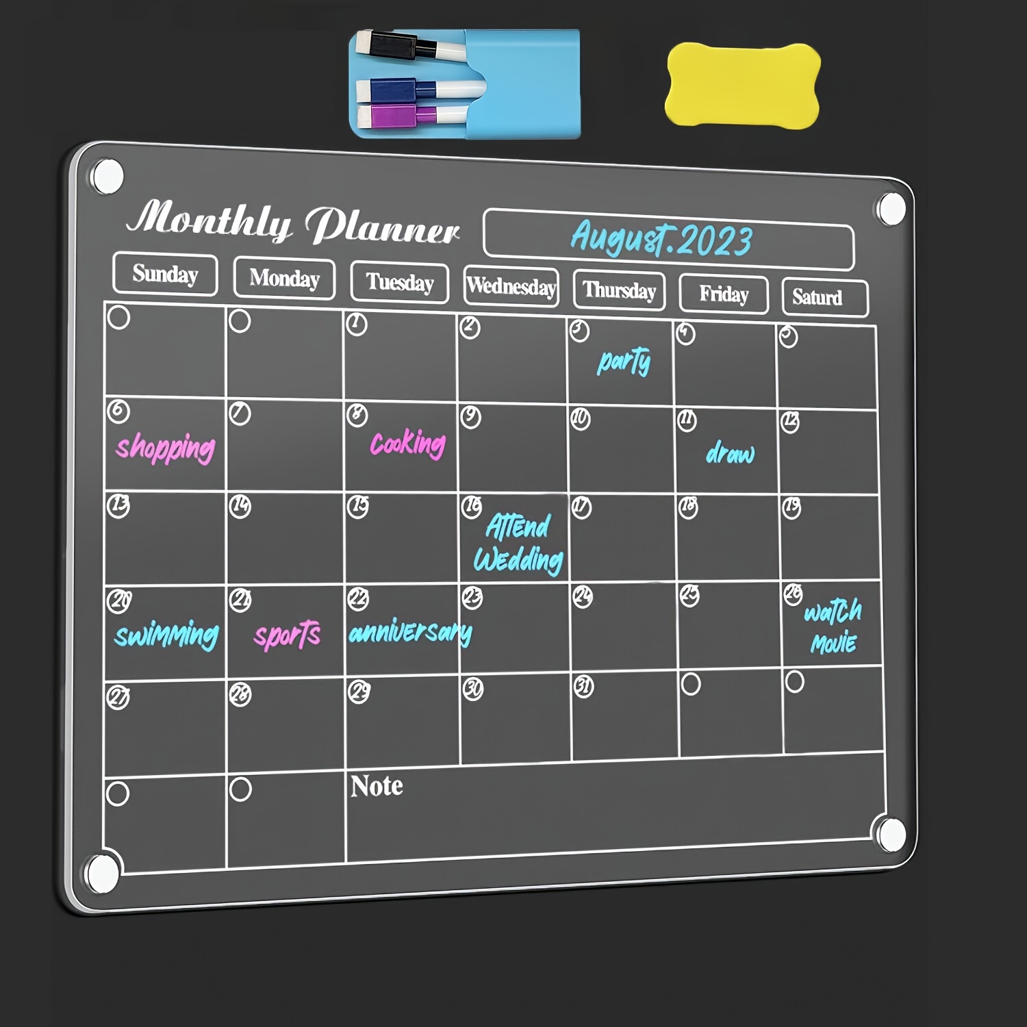 

Acrylic Monthly Planner Board With Magnetic Pen Holder, 3 Markers, And Eraser - English Language Dry Erase Calendar For Refrigerator - Transparent Reusable Planning Board