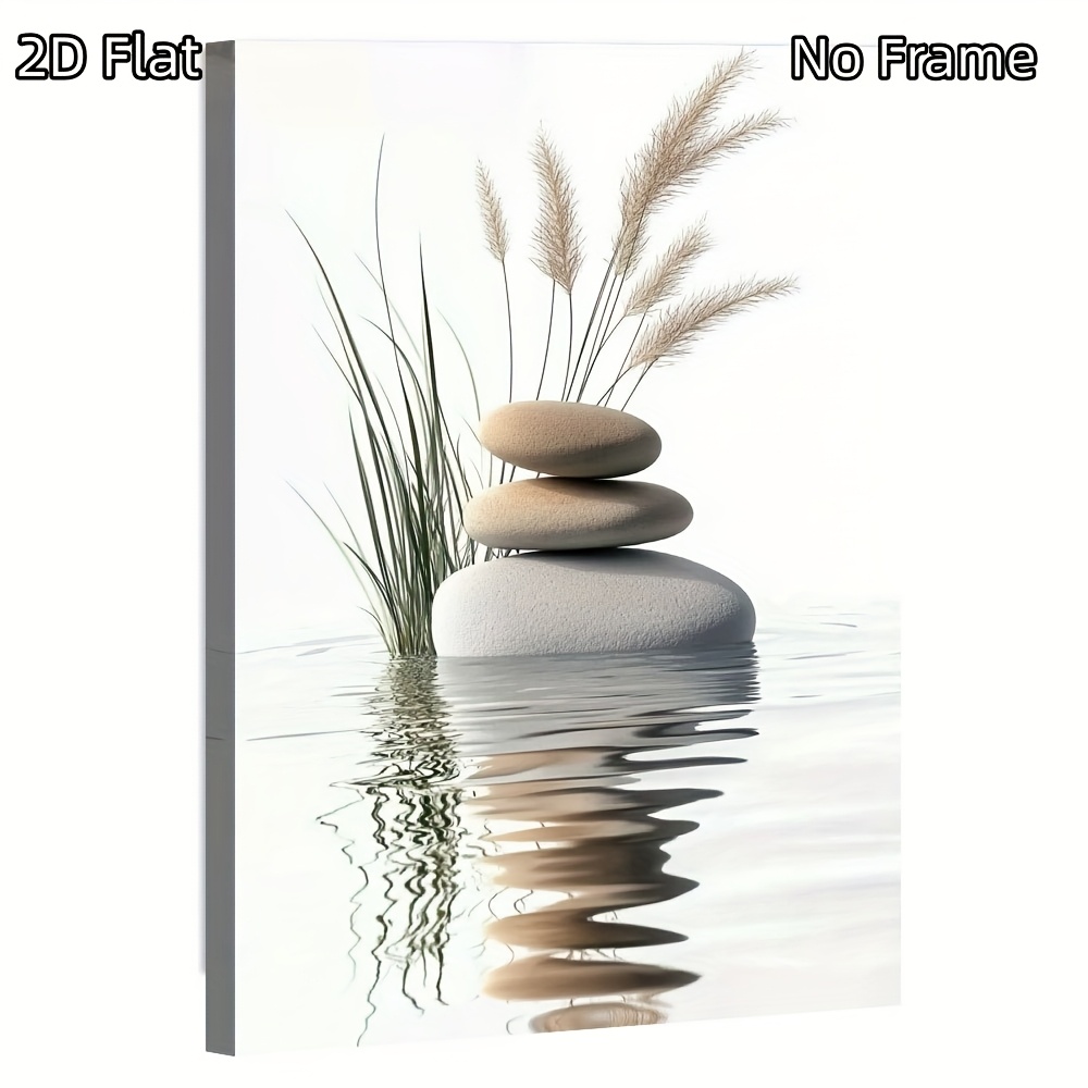 TEMU 2d Flat, 2d Flat, 2d Flat Unframed Stone Canvas Wall Art - Contemporary Stylish Decoration Featuring Pebble & Reed Motif, Natural Theme Print,